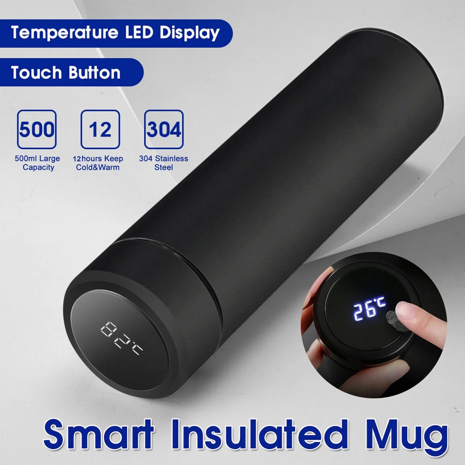 Stainless Steel Vacuum Flask Smart Kettle LCD Screen Display Temperature Black